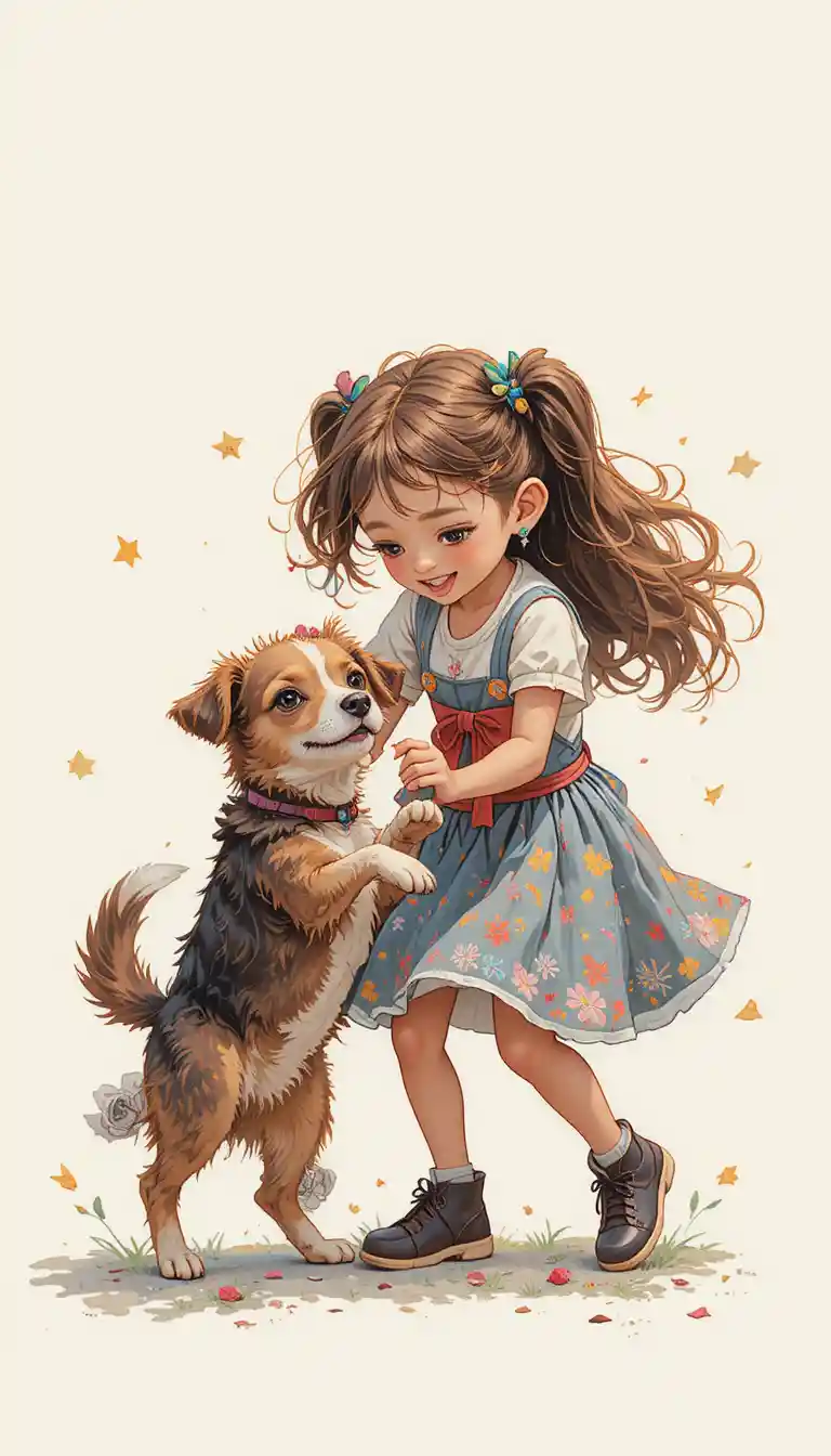 Girl happily playing with her small dog on white background