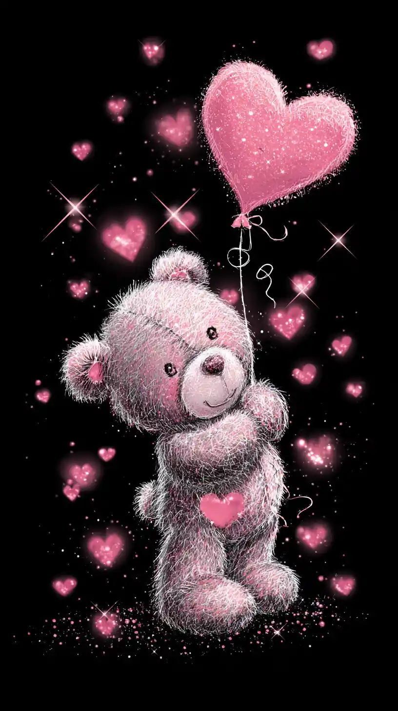 Niedlicher Teddybär mit Herzballon vor schwarzem Hintergrund