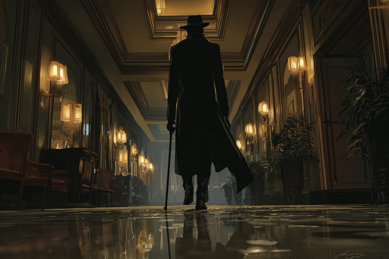 Wet man in fedora walking through vintage hotel lobby