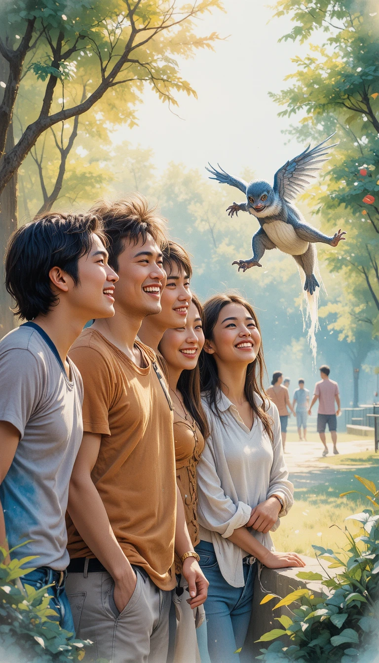 Gemeinsam lachende Freunde in einer farbenfrohen Park-Aquarellszene