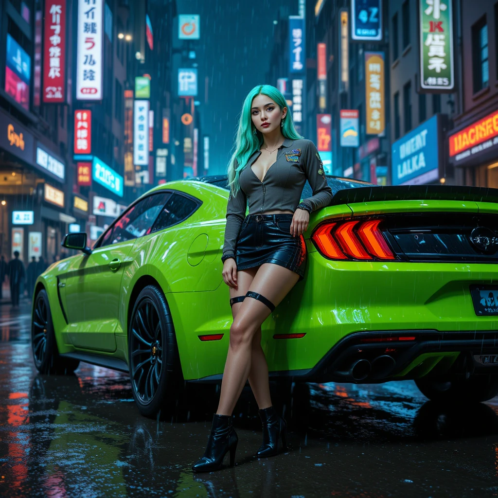 Mint haired woman by car in rainy cyberpunk street