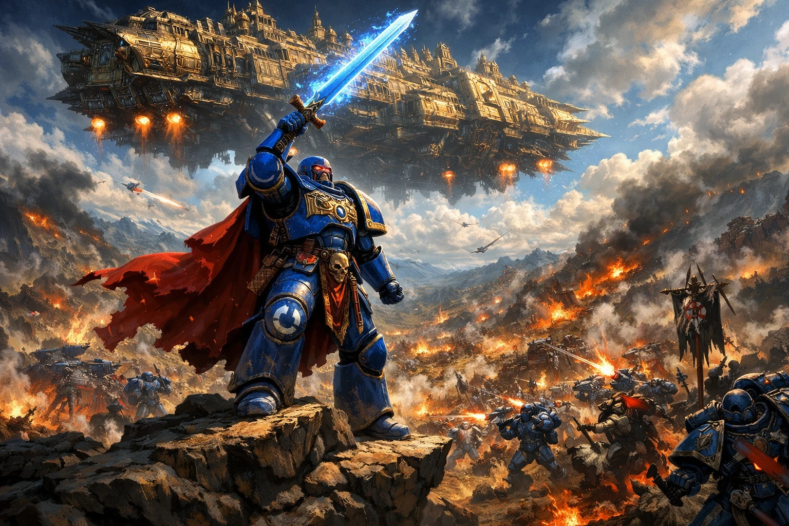 Armored warrior raising power sword above vast battle