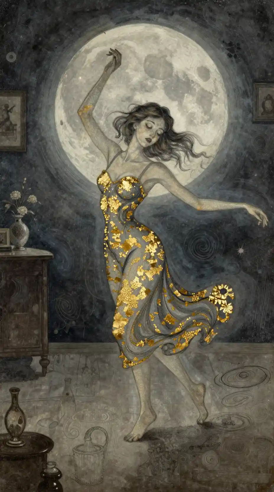 Femme dansant avec joie dans une chambre vintage au clair de lune