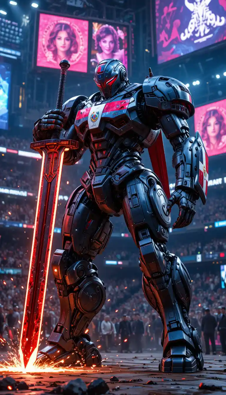 Giant Armored Robot Warrior In Futuristic Battle Arena