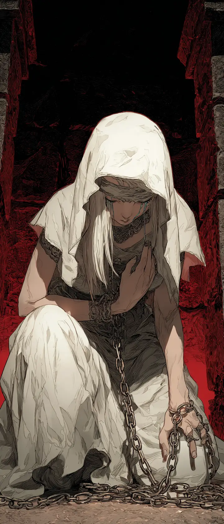 Fallen priestess kneels in blood moon crypt with chained monster