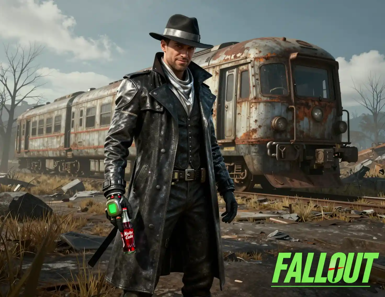 Sci fi detective holding Nuka Cola in ruined trainyard
