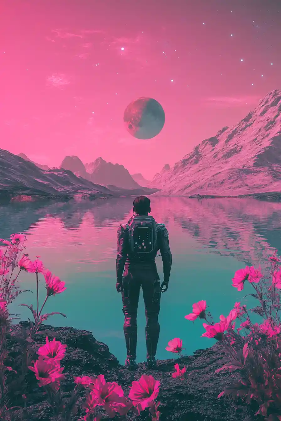 Starfleet woman on surreal alien world with pastel skies