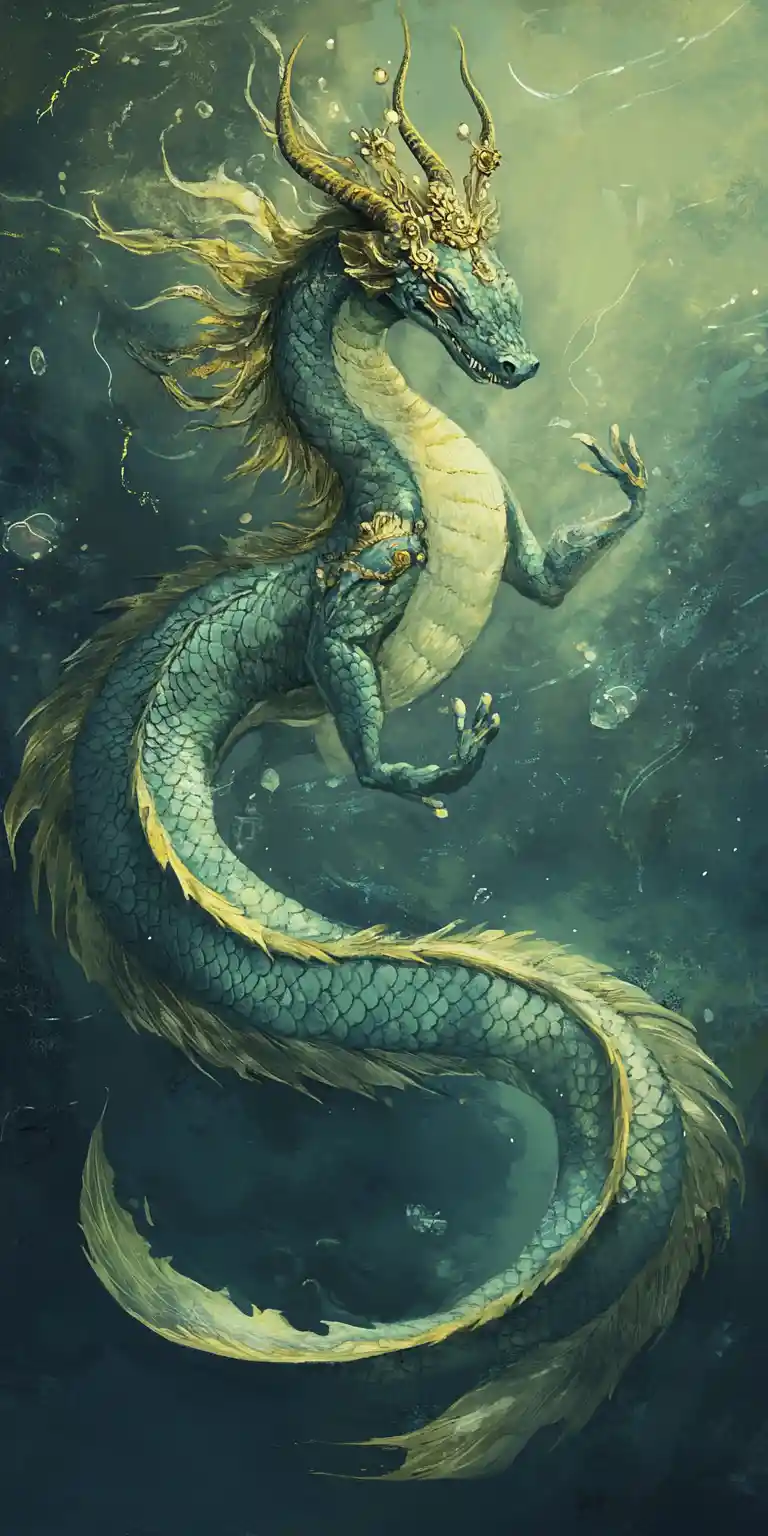 Mythical sea monster hybrid emerging from a sacred river