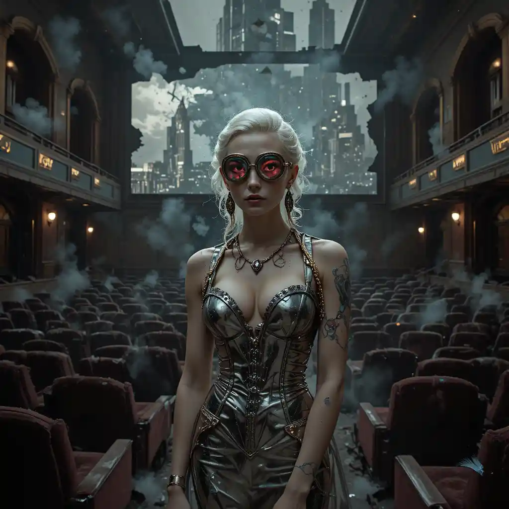 Surreal woman in metallic couture inside abandoned cinema