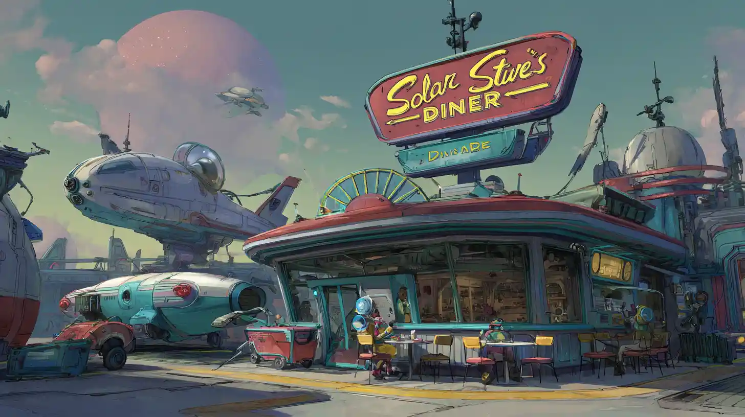 Restaurante espacial retro en un bullicioso puesto avanzado con naves visitantes