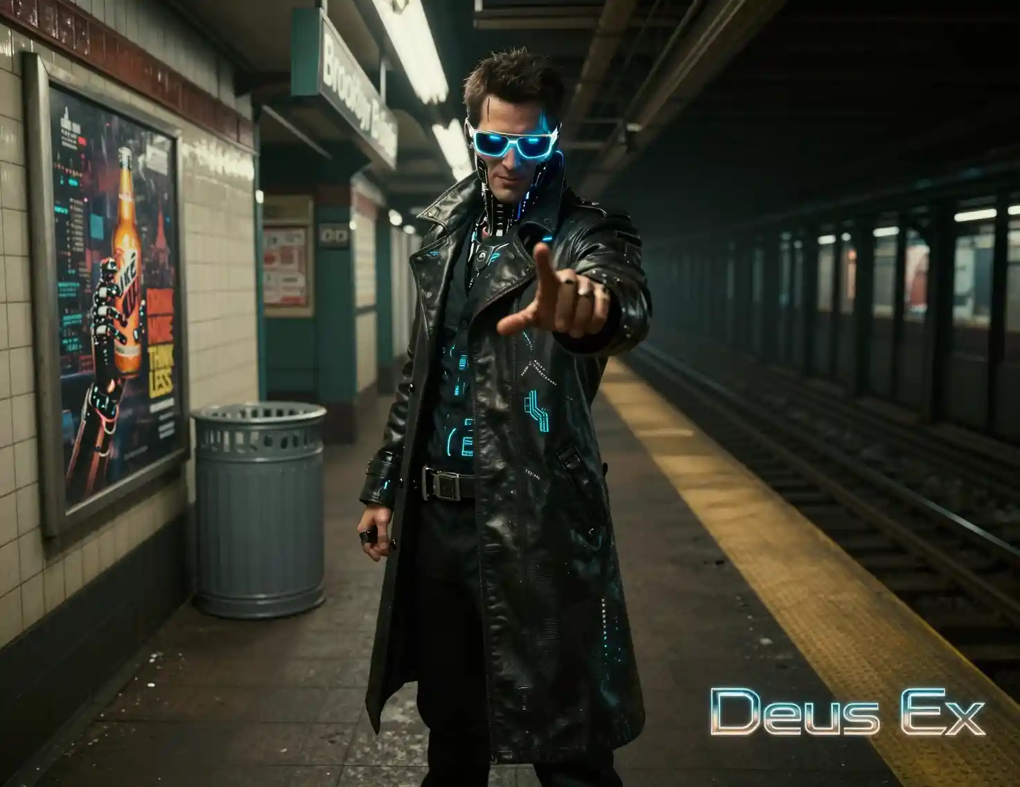 Cybernetic detective on a moody underground subway platform
