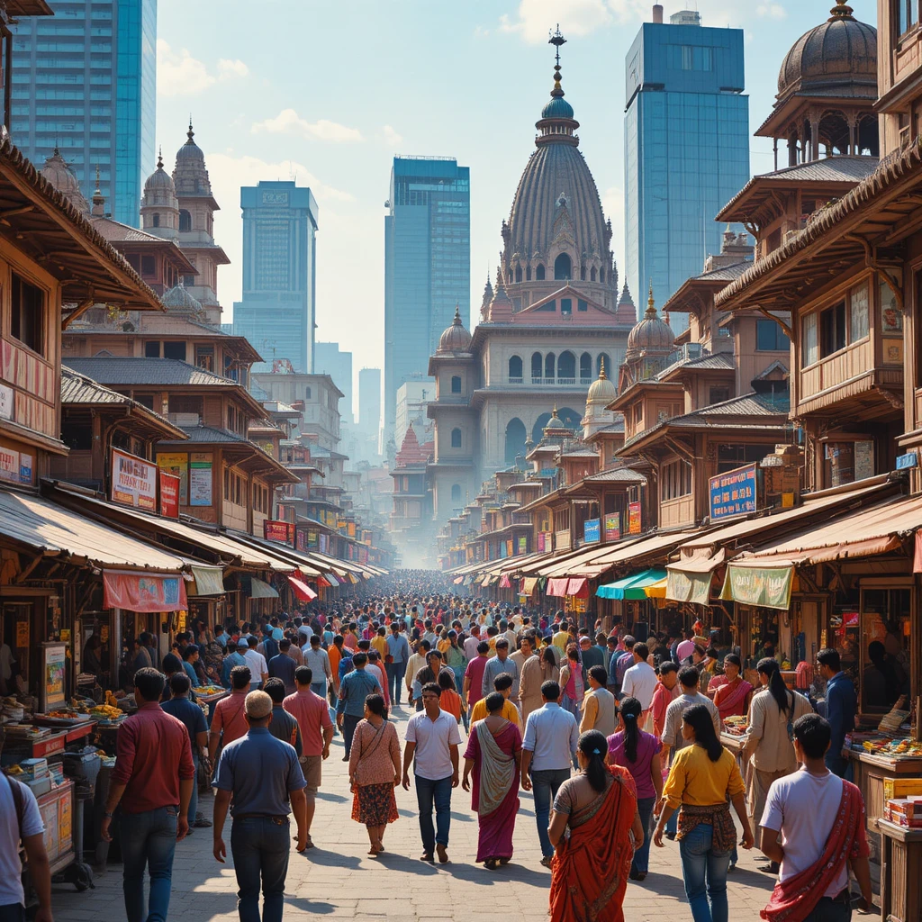Colorful Indian city marketplace under a bright sunny sky