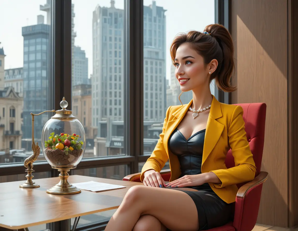 Calm woman in yellow blazer in modern city office