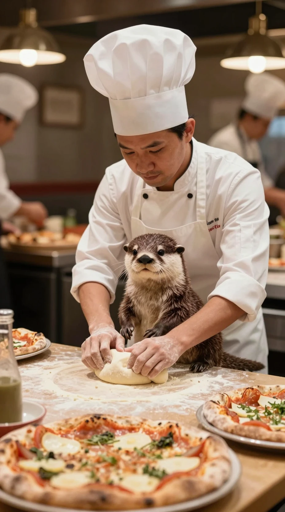 Lontra pizzaiolo che impasta la pasta in cucina di ristorante italiano