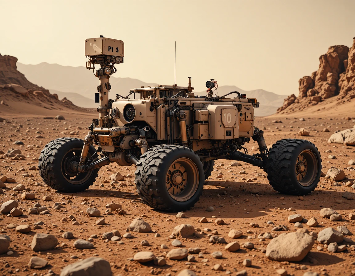 Mars exploration rover crossing a rocky red terrain