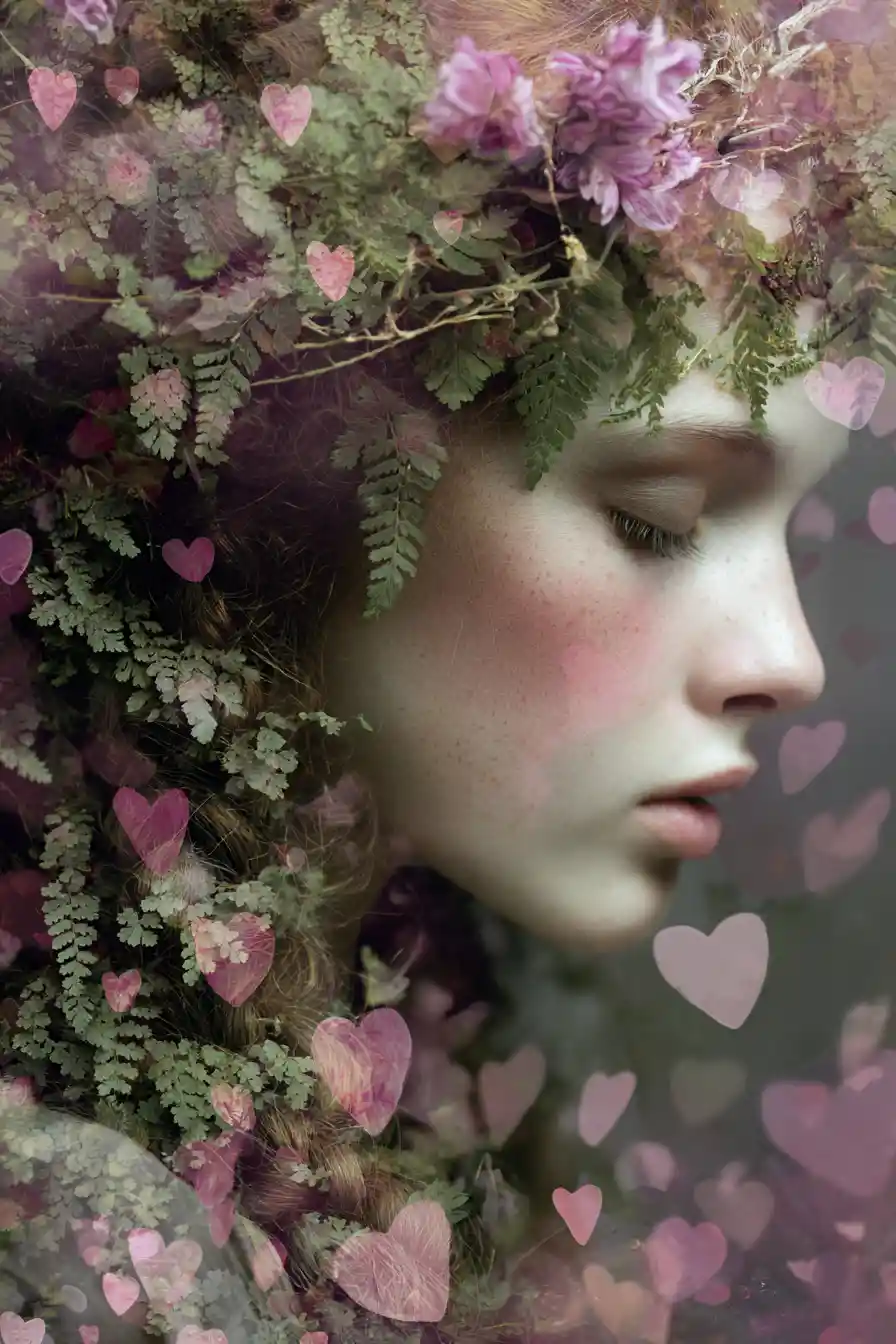 Melancholic woman with ferns and hearts in surreal portrait