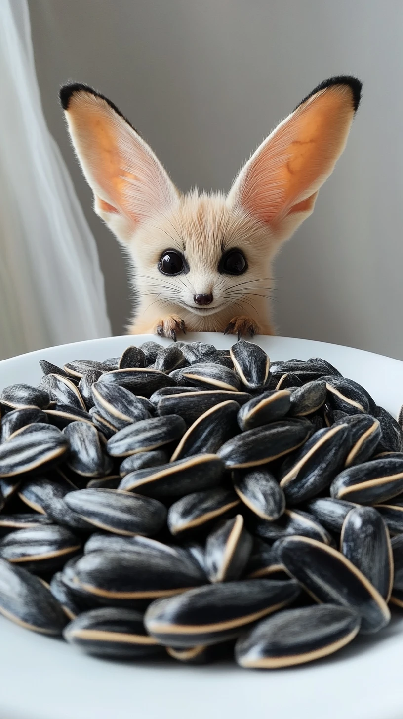 Cartoon fennec fox sitting on sunflower seeds pile