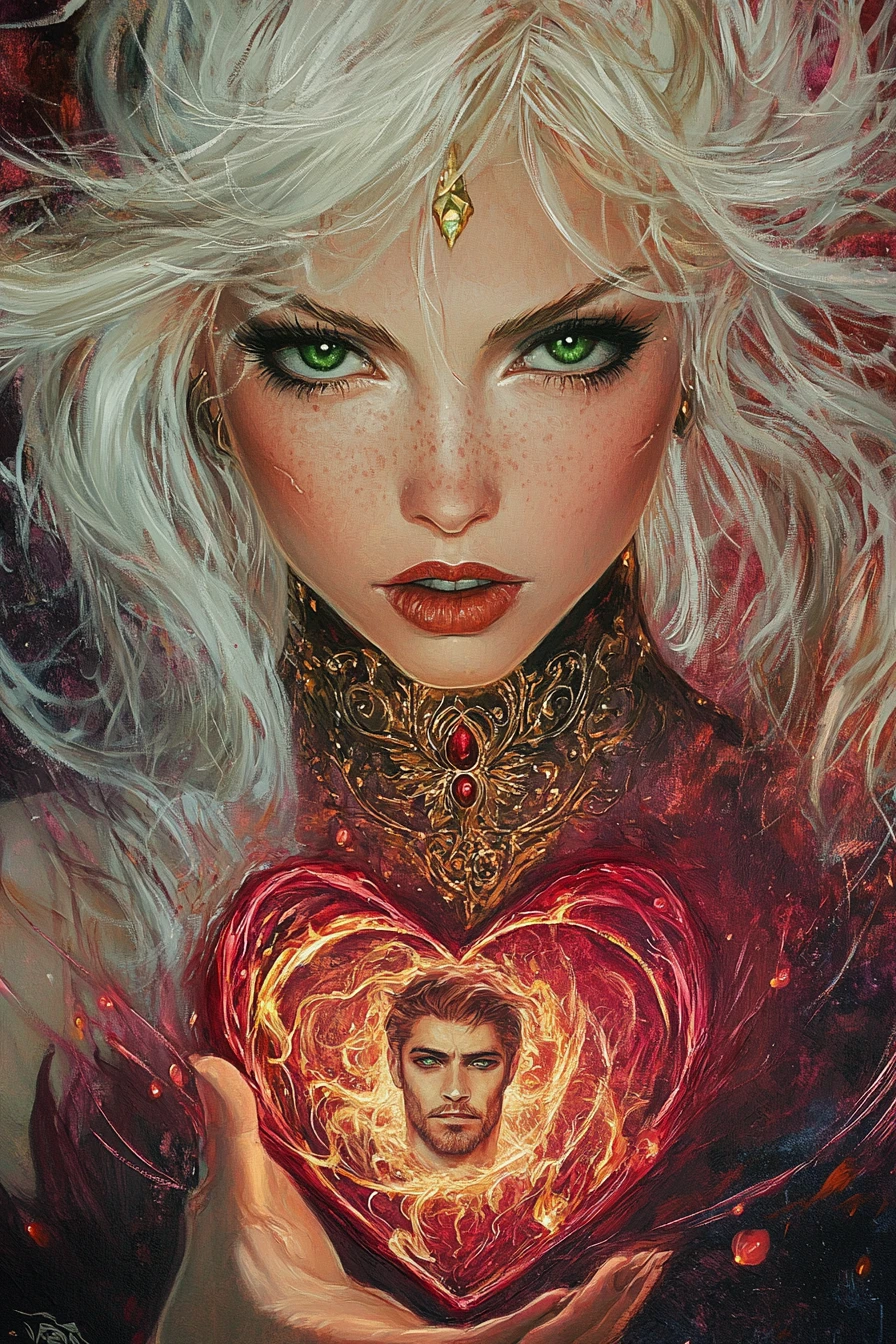 Close up portrait of a powerful fantasy mage conjuring love