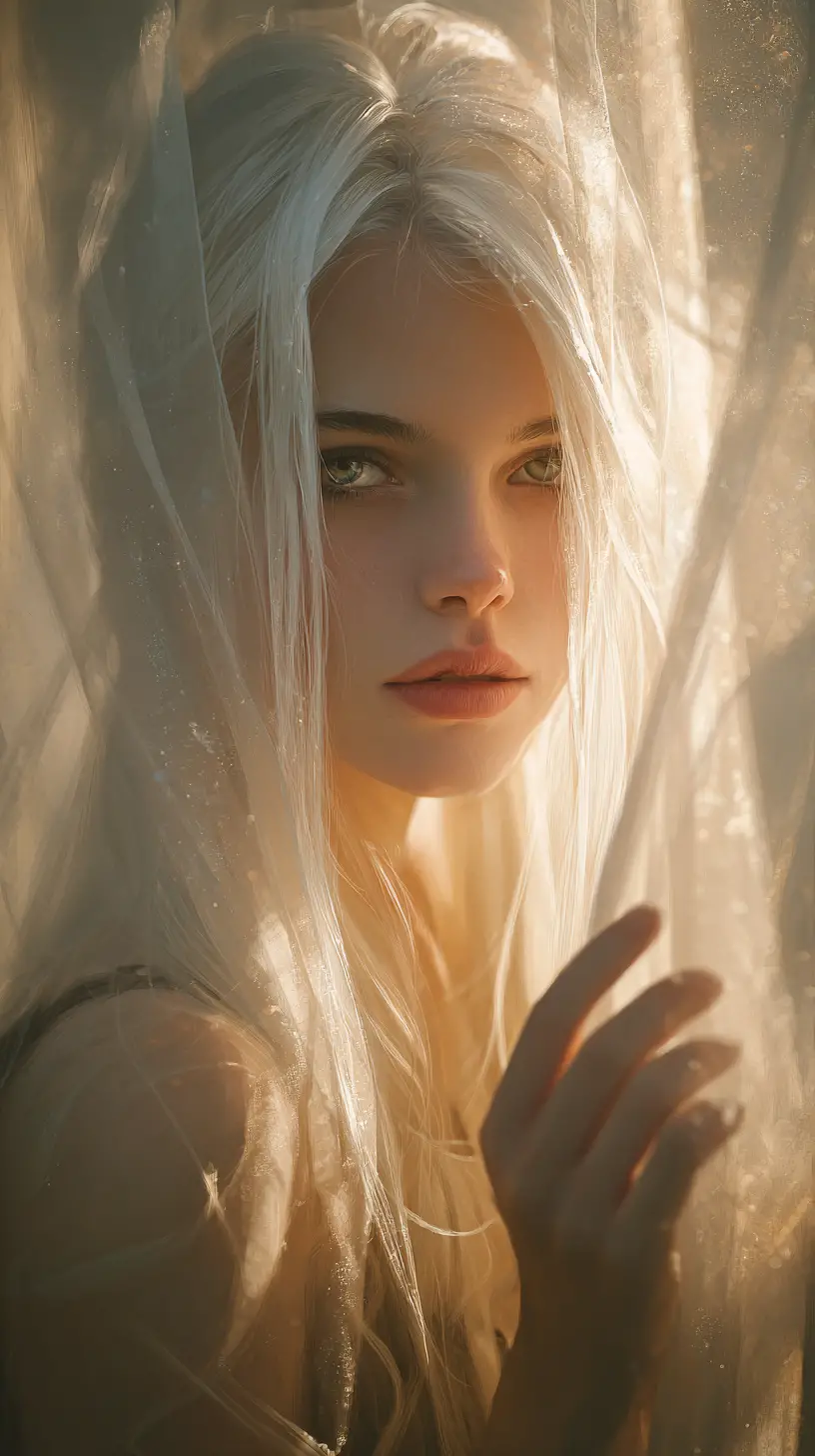 Mystical woman emerging through a glowing ethereal veil