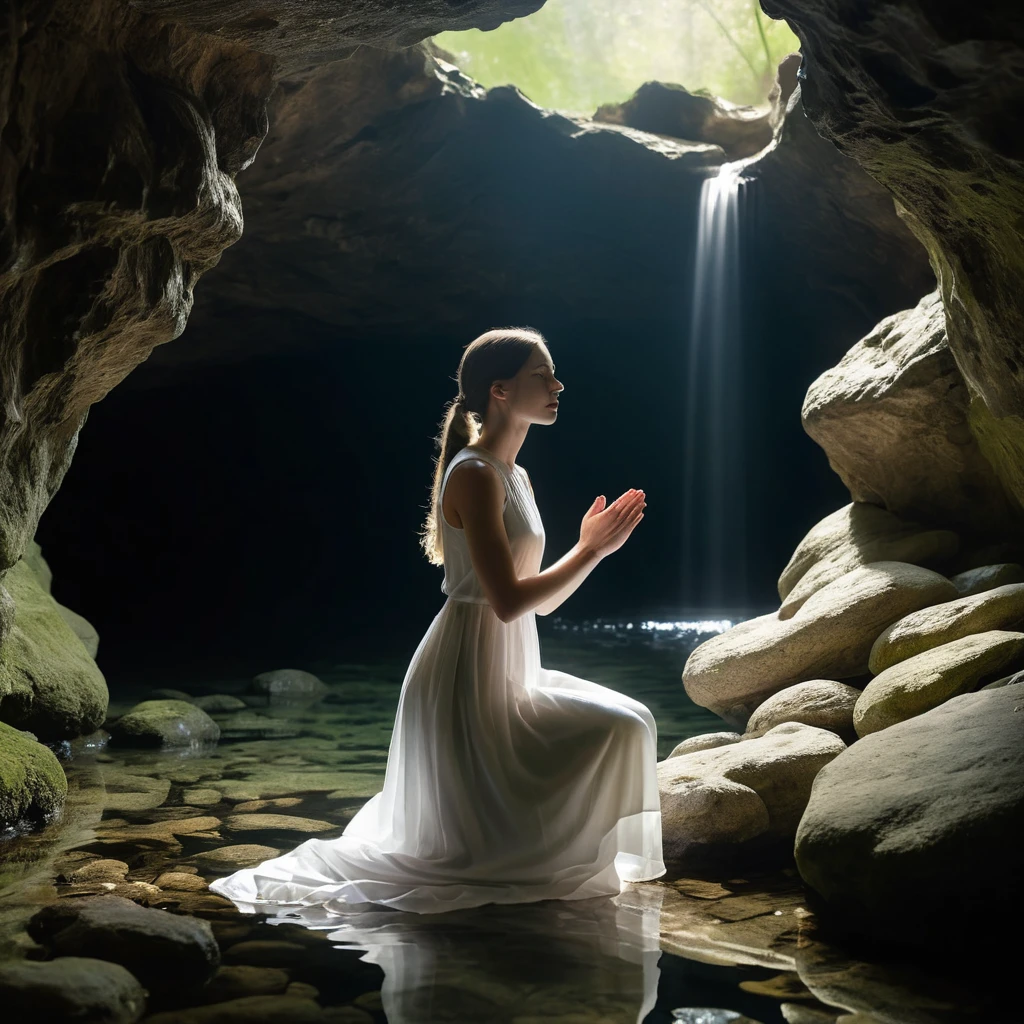 Young woman praying by a natural spring in a cave