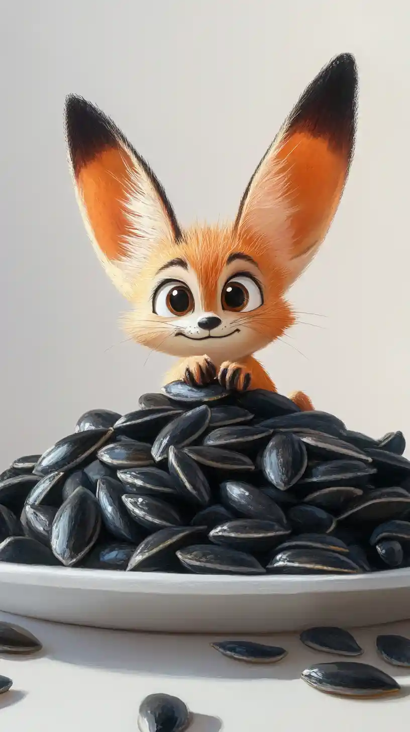 Cartoon fennec fox sitting on sunflower seeds on plate