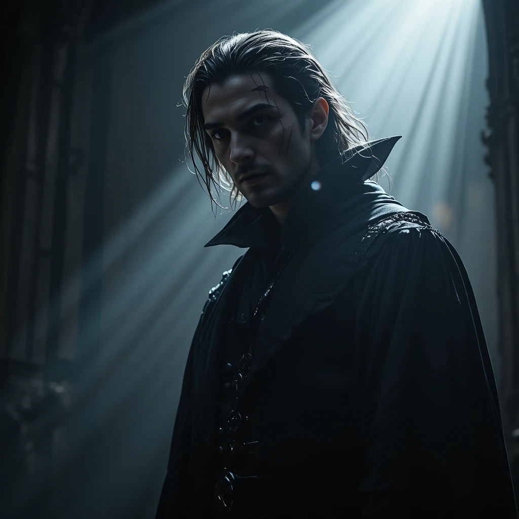 Señor vampiro gótico en retrato dramático bajo un único foco