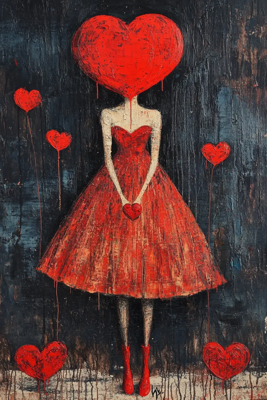 Surreal faceless woman in red dress with heart head