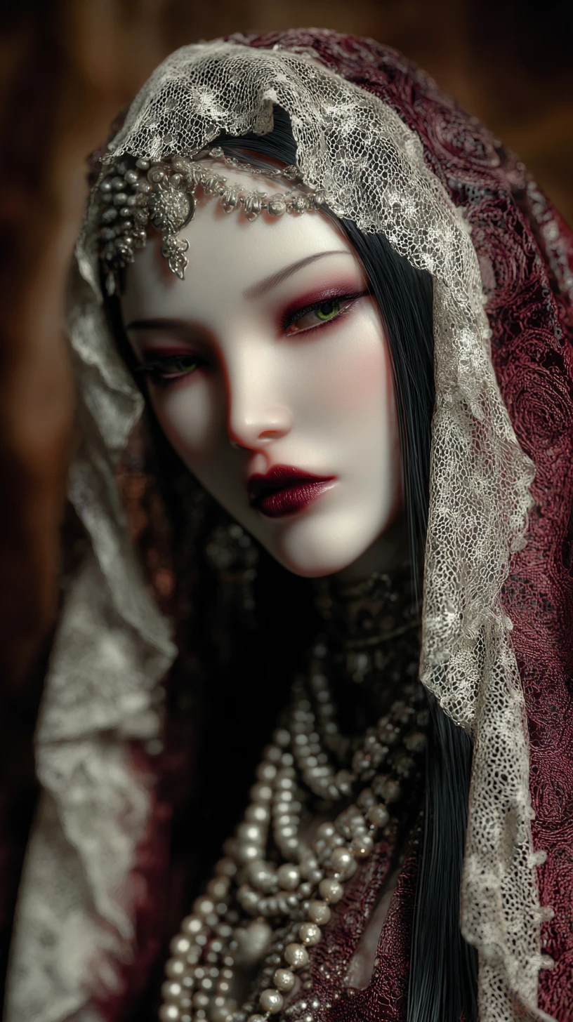Mystical woman emerging through silken veil in golden light