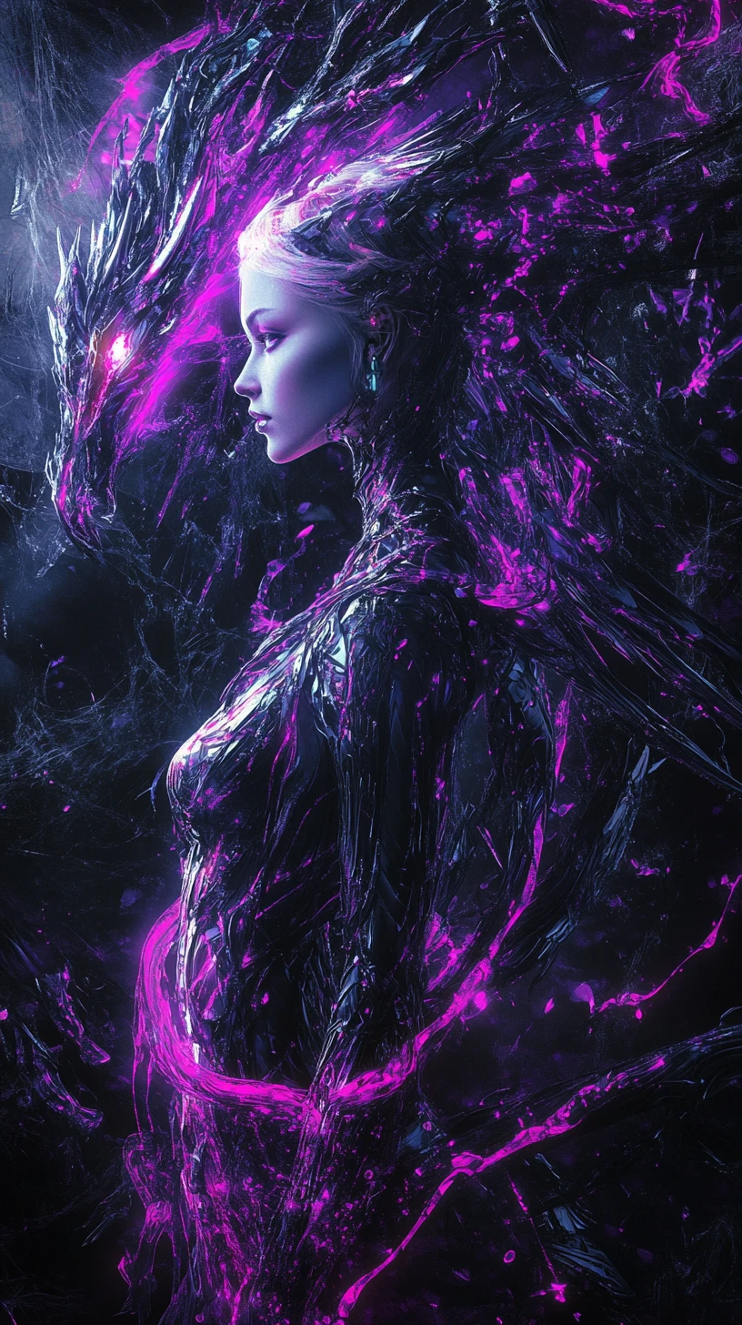 Cyberpunk woman with neon wings beside electric dragon
