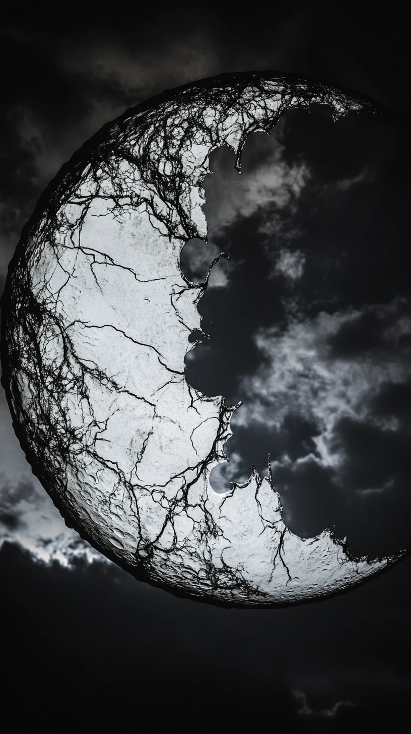 Cracked moon silhouette spilling silver light over warped city