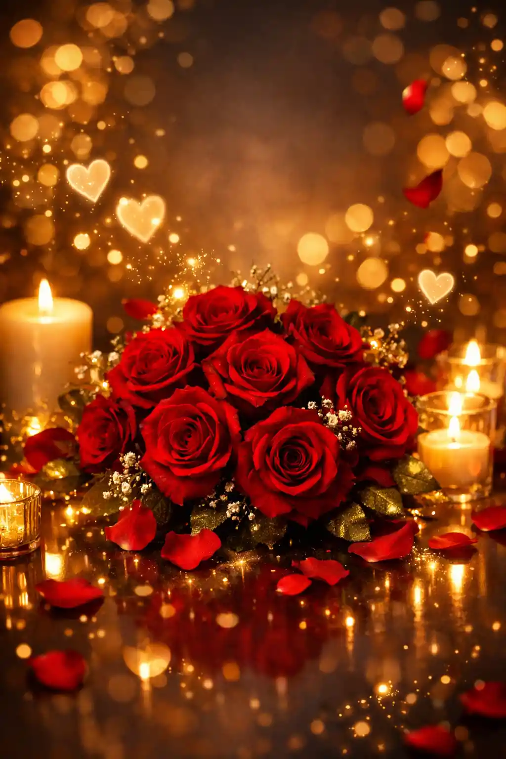 Deep red roses with candlelight and glowing hearts