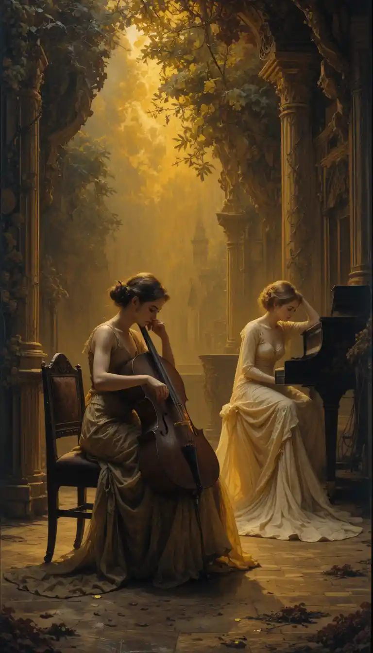 Female cellist and pianist performing on a dramatic stage