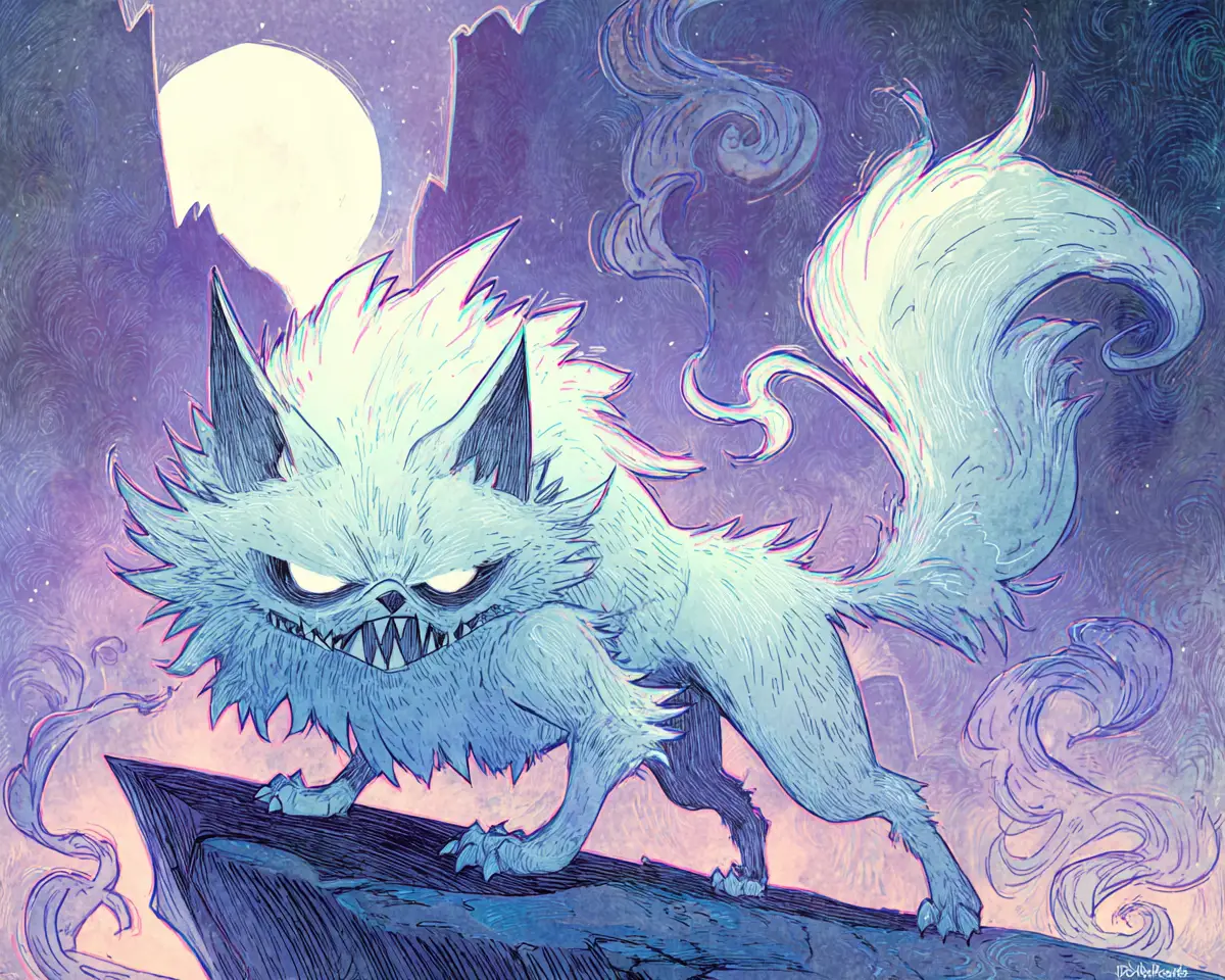 Sinister silver wolf under moonlit fantasy cliff