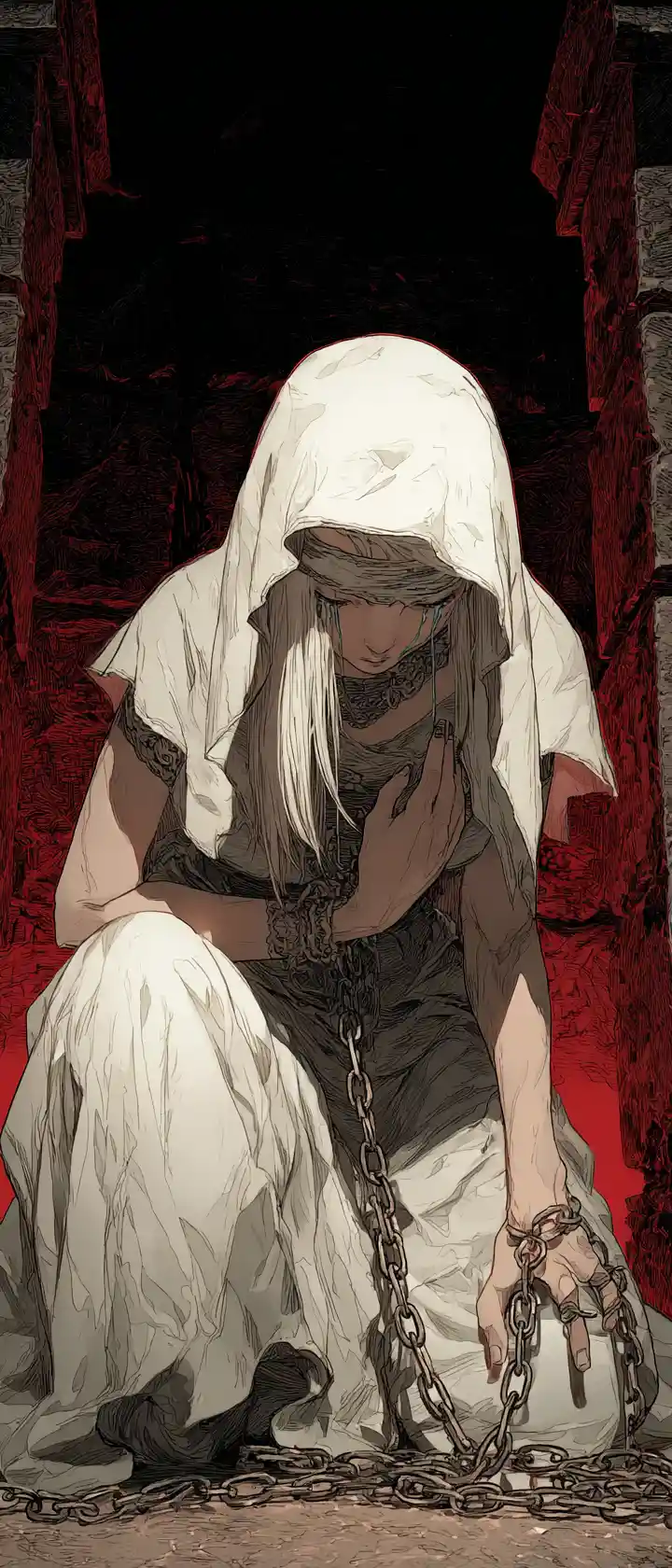 Fallen priestess kneels in blood moon crypt with chained monster