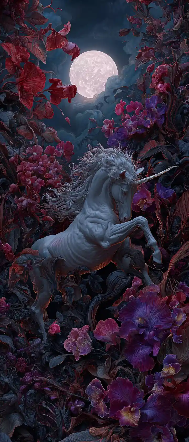Skeletal unicorn galloping through stormy moonlit sky