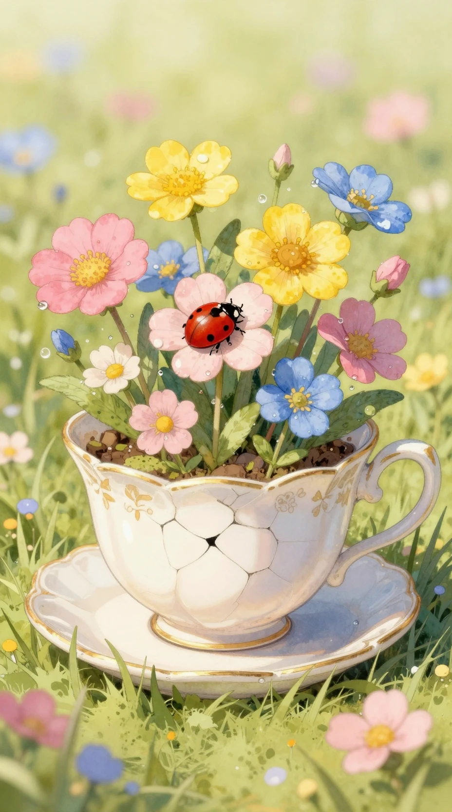 Enchanted Miniature Meadow Growing Inside A Cracked Teacup