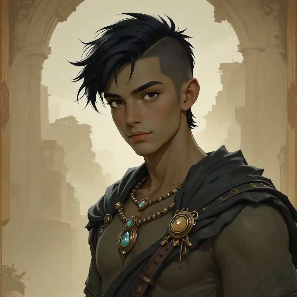 Young fantasy rogue man with dark hair and tanned skin