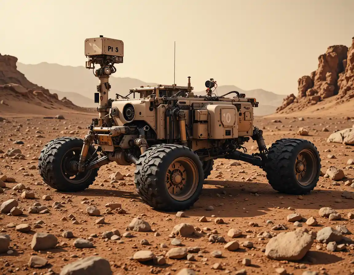 Mars exploration rover crossing a rocky red terrain