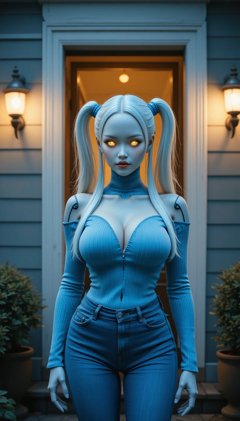 Cinematic android woman at a house entrance at night