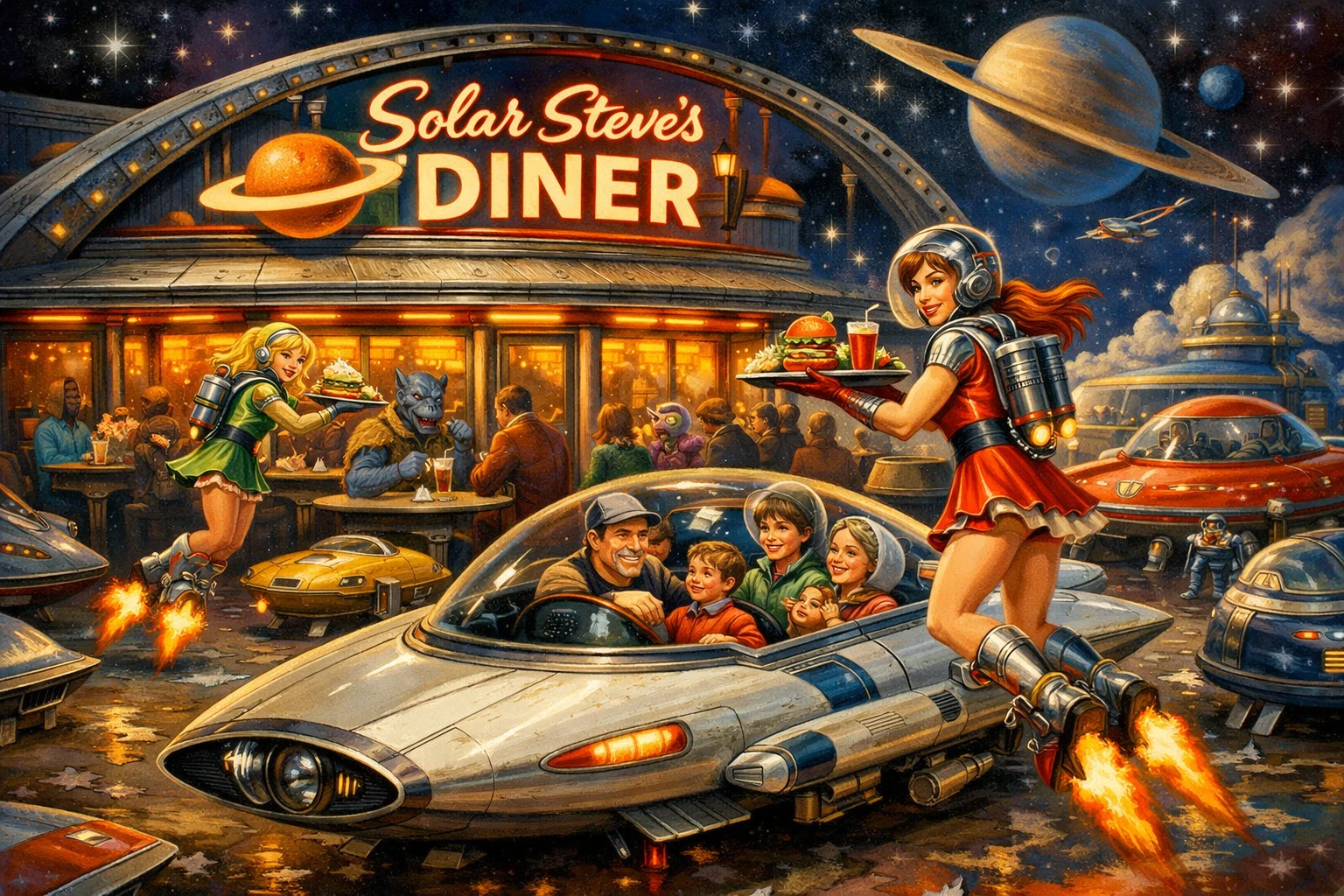 Bunter Retro-Weltraum-Diner voller Menschen und Aliens