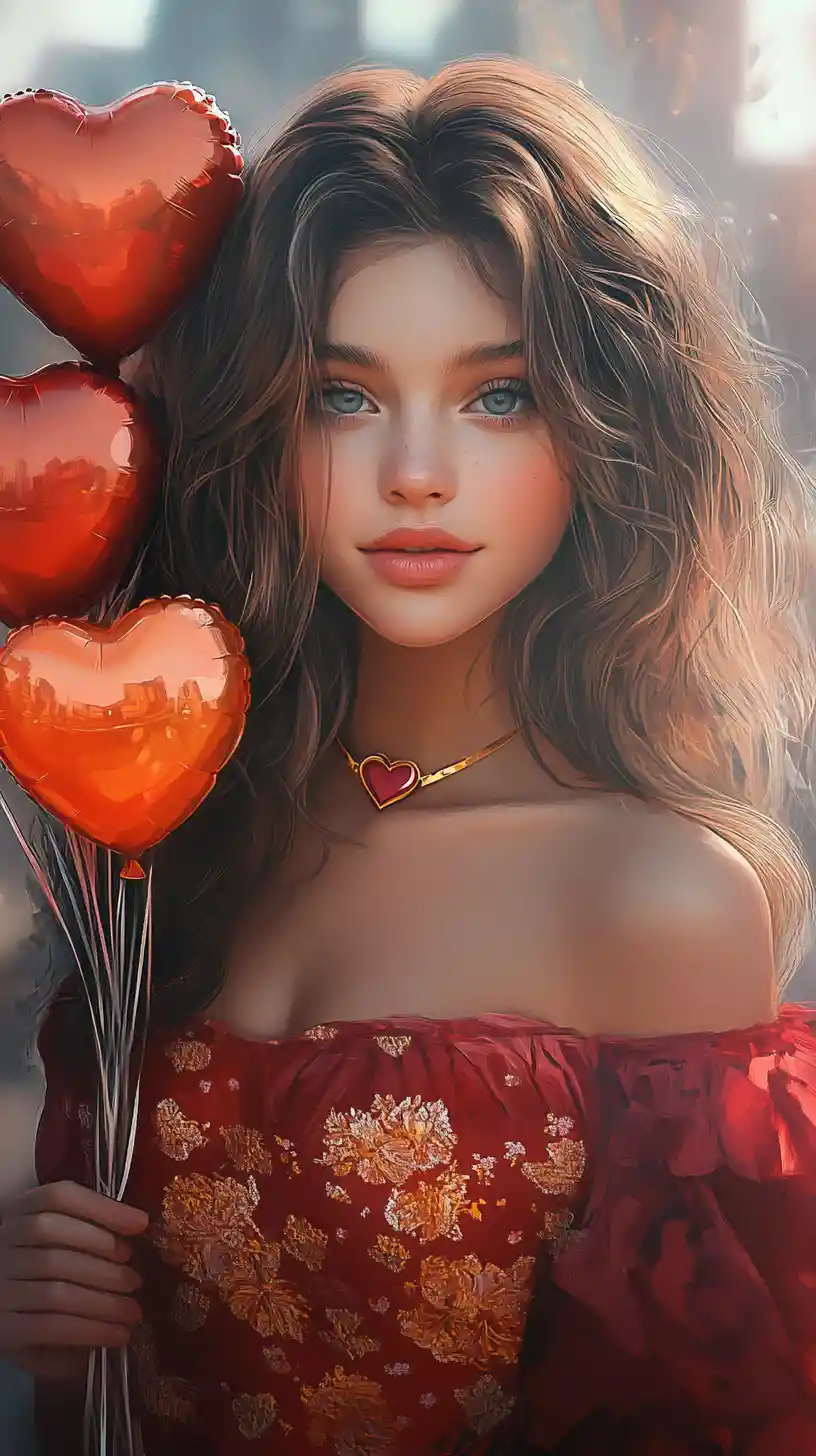 Romantic girl with heart balloons in red dress