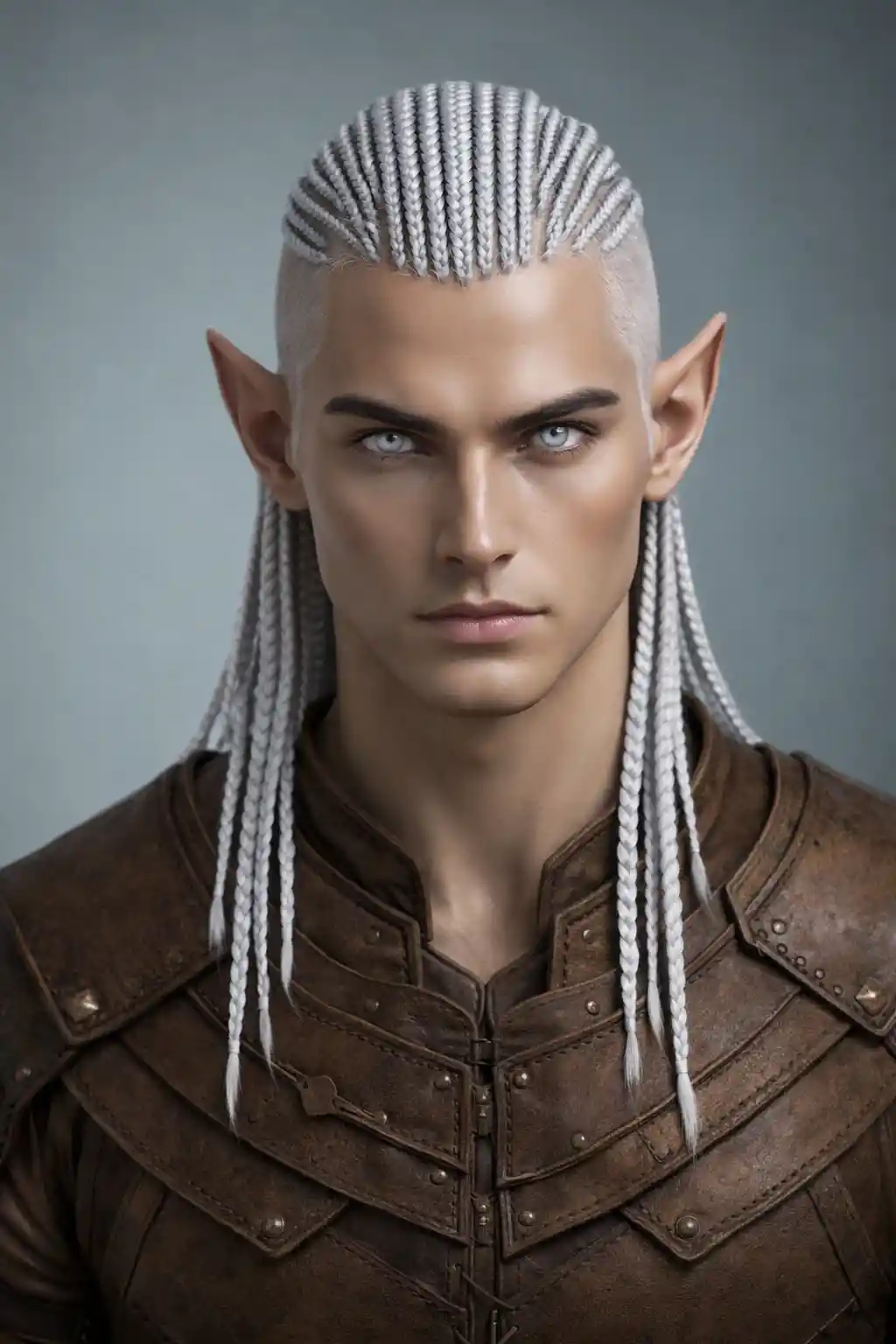 Guerrero elfo con cabello blanco trenzado y ojos plateados