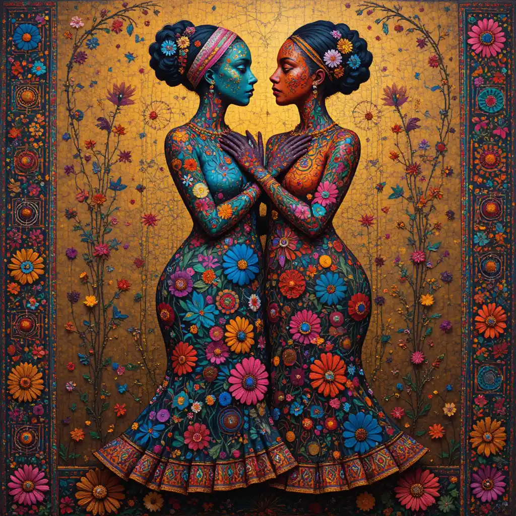 Entwined abstract textile figures in radiant global patterns