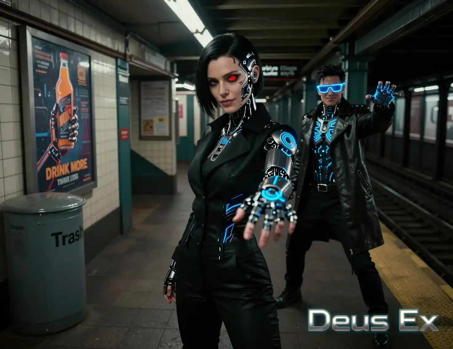 Cyborg woman on dim subway platform with neon augments