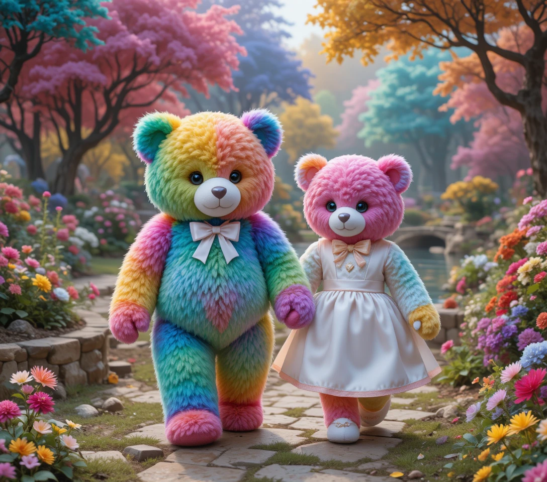Rainbow teddy bears walking together in a mythical garden