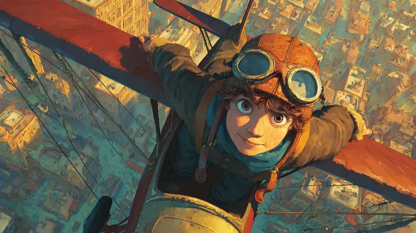 Joyful young aviator flying above steampunk city