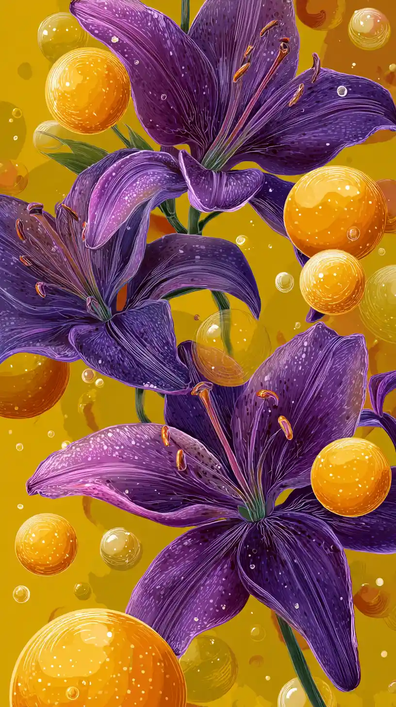 Purple lilies floating among bright yellow and orange spheres