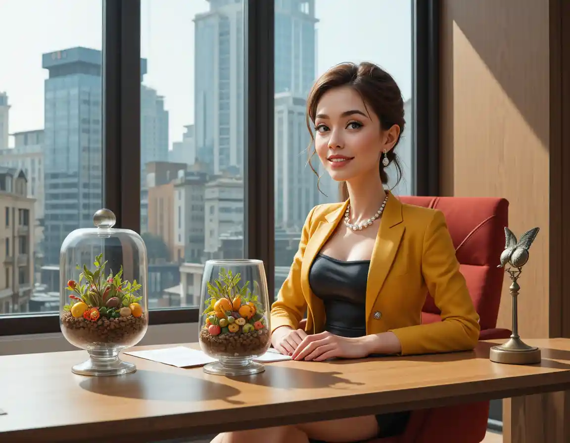 Calm woman in yellow blazer seated in modern office