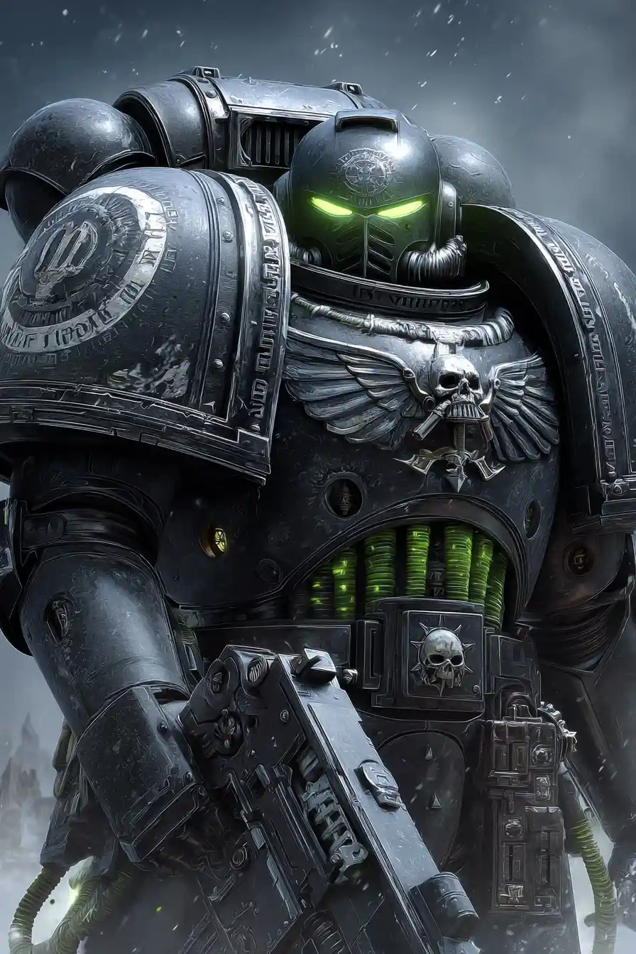 Deathwatch commander fused with alien armor on ruins