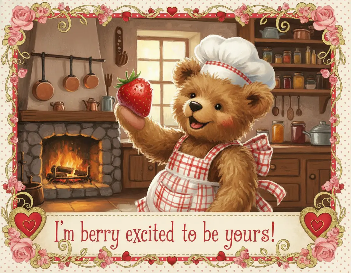 Cute teddy bear chef with strawberry in rustic kitchen